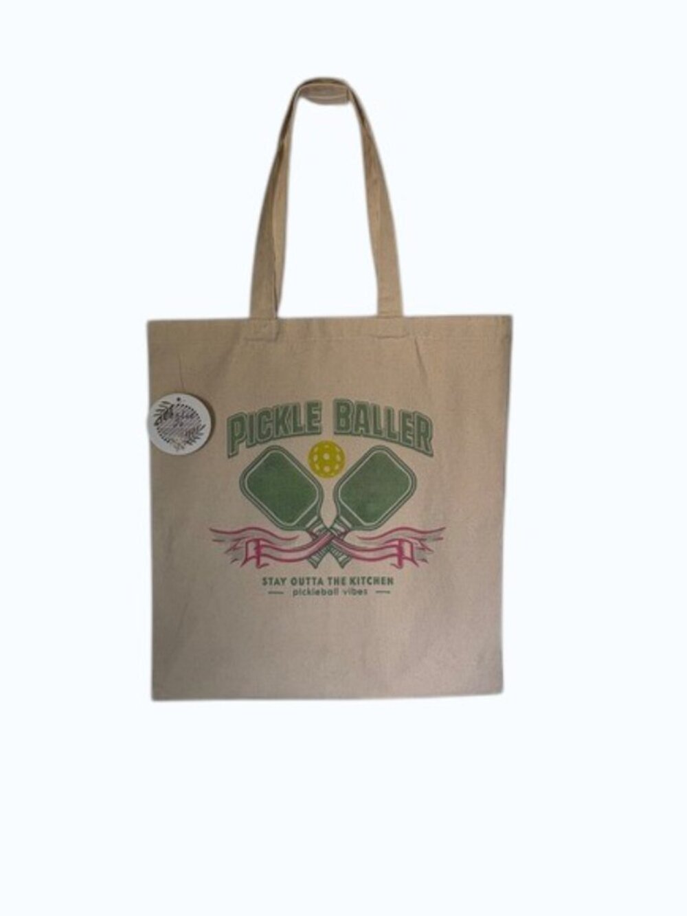 Leslie Jo Design Pickle Baller Canvas Tote Bag Beige Stay Outta The Kitchen NWT